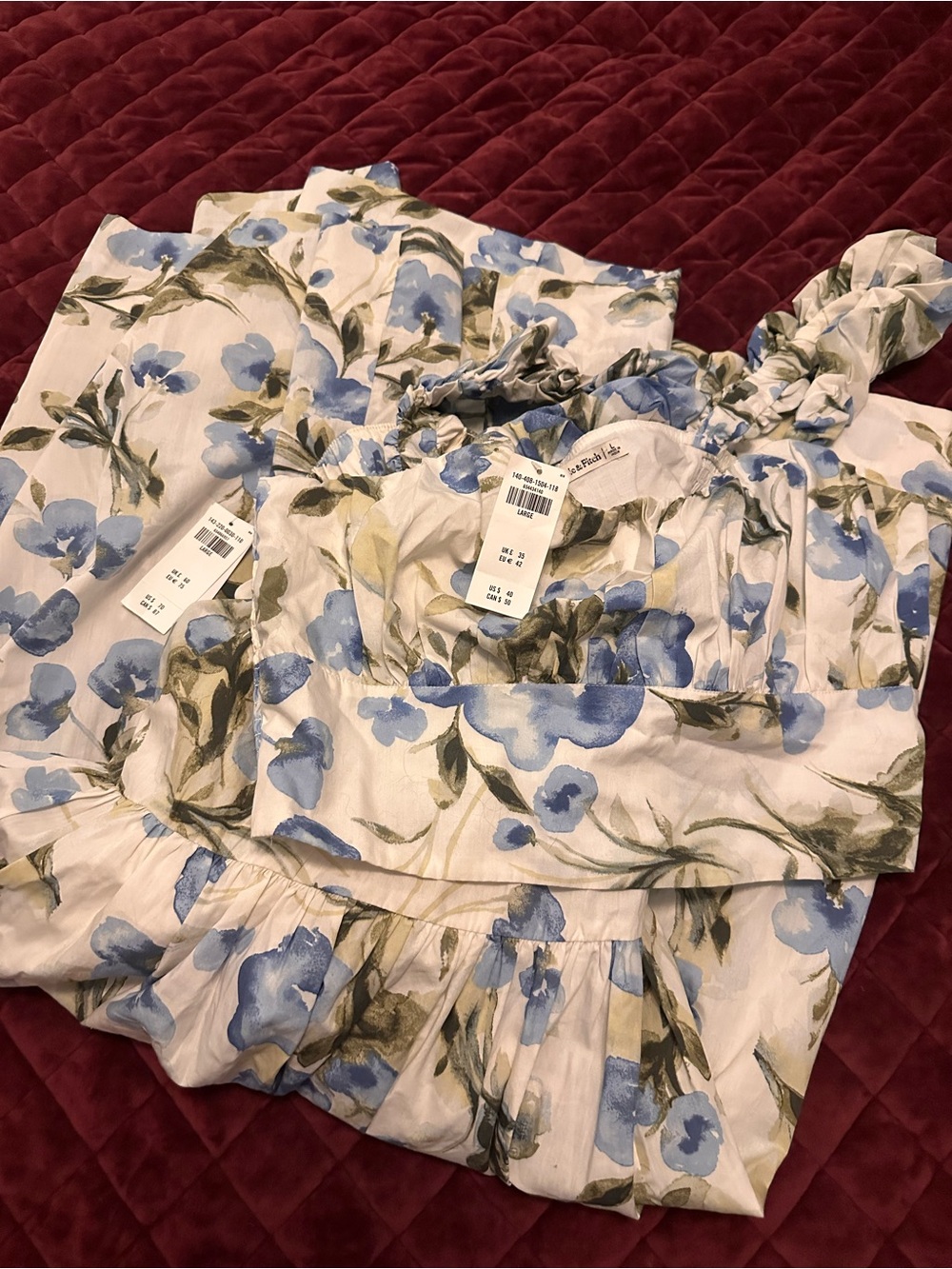 Abercrombie & Fitch Cream and Blue Floral Ruffle Strap Midi Skirt & Tol - Picture 3 of 3